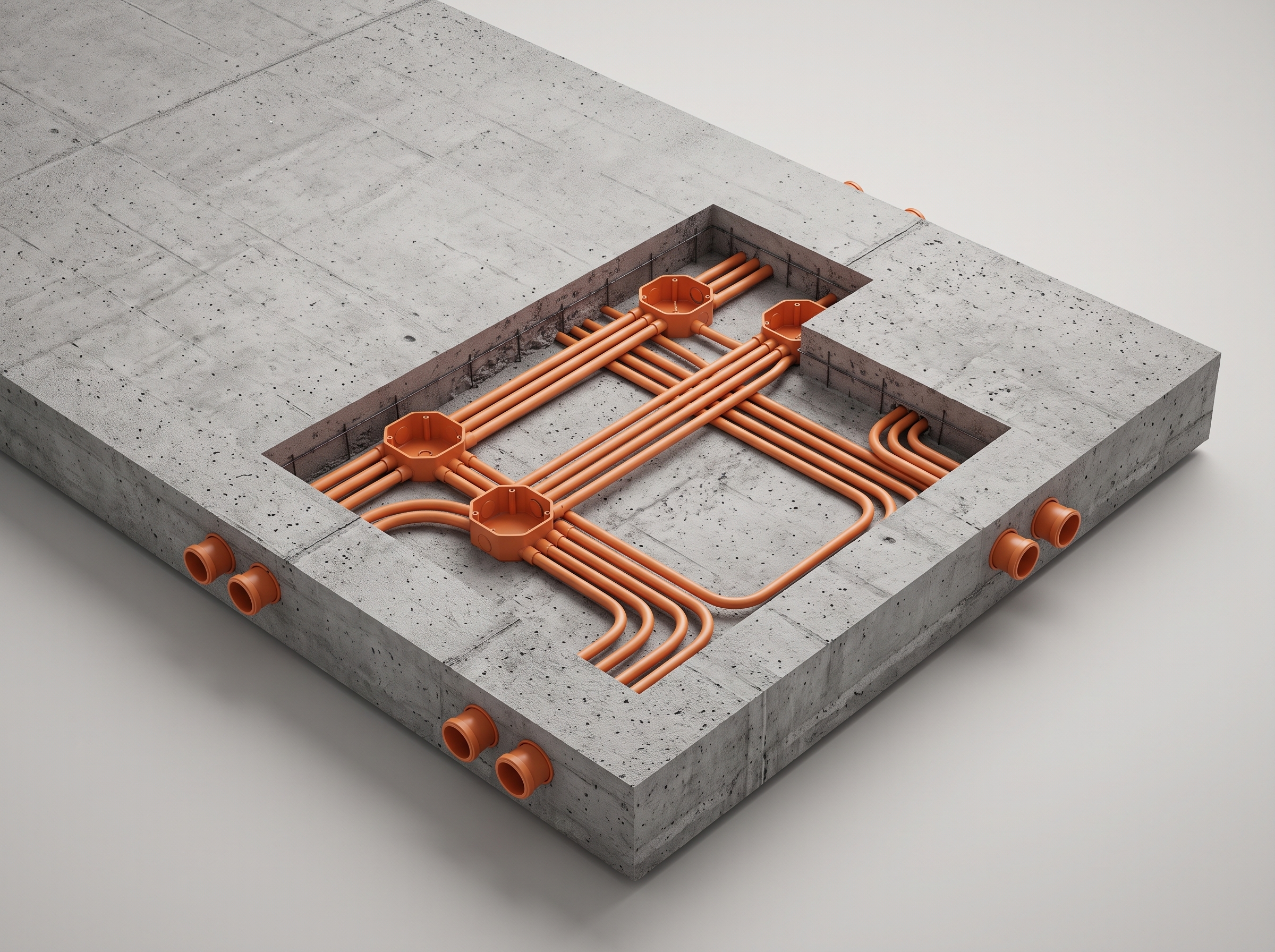 Peça da laje pronta em corte mostrando eletrodutos e caixas elétricas incorporados ao concreto.