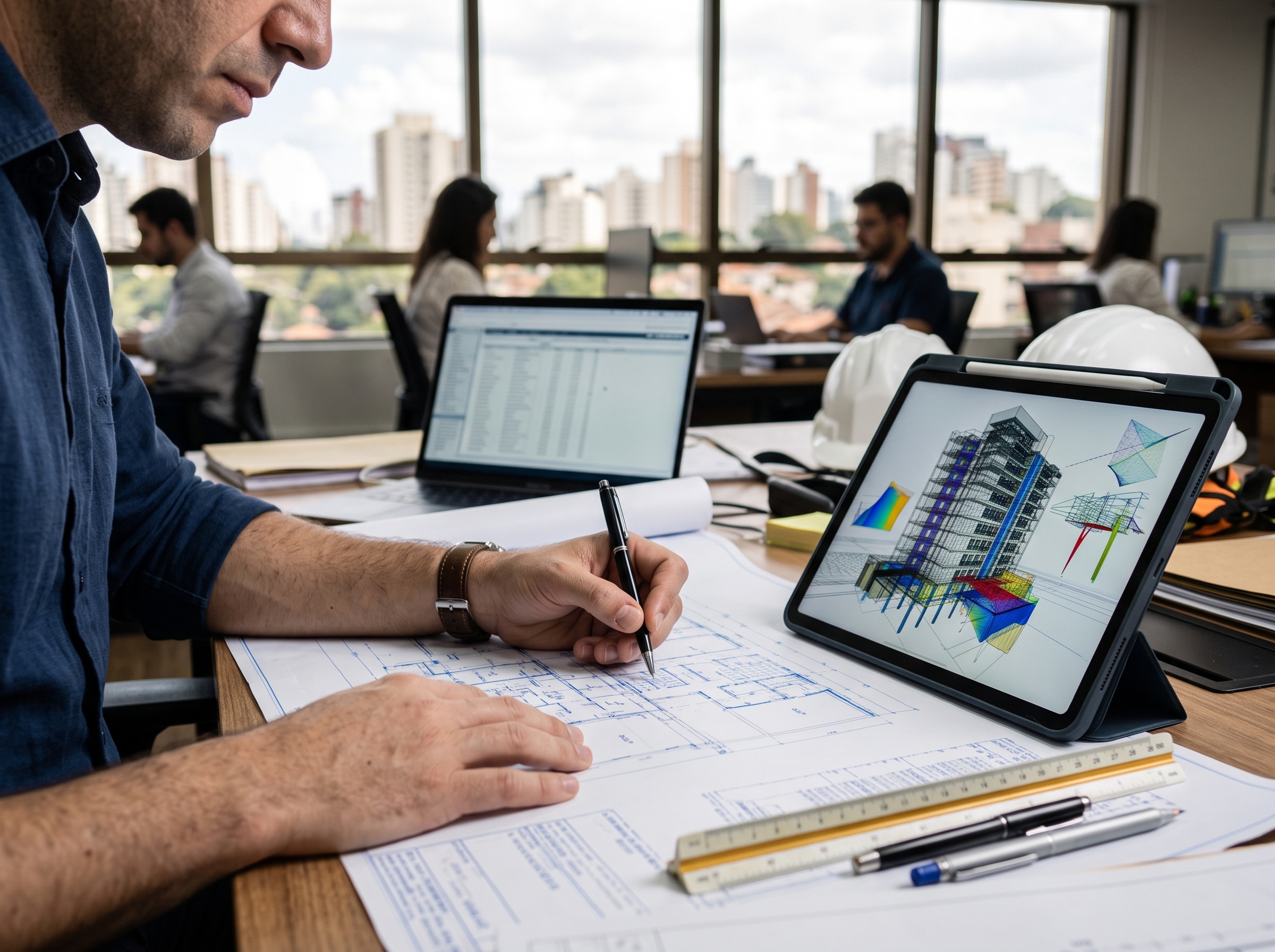 Engenheiro analisando planta do empreendimento e modelo tridimensional em tablet.