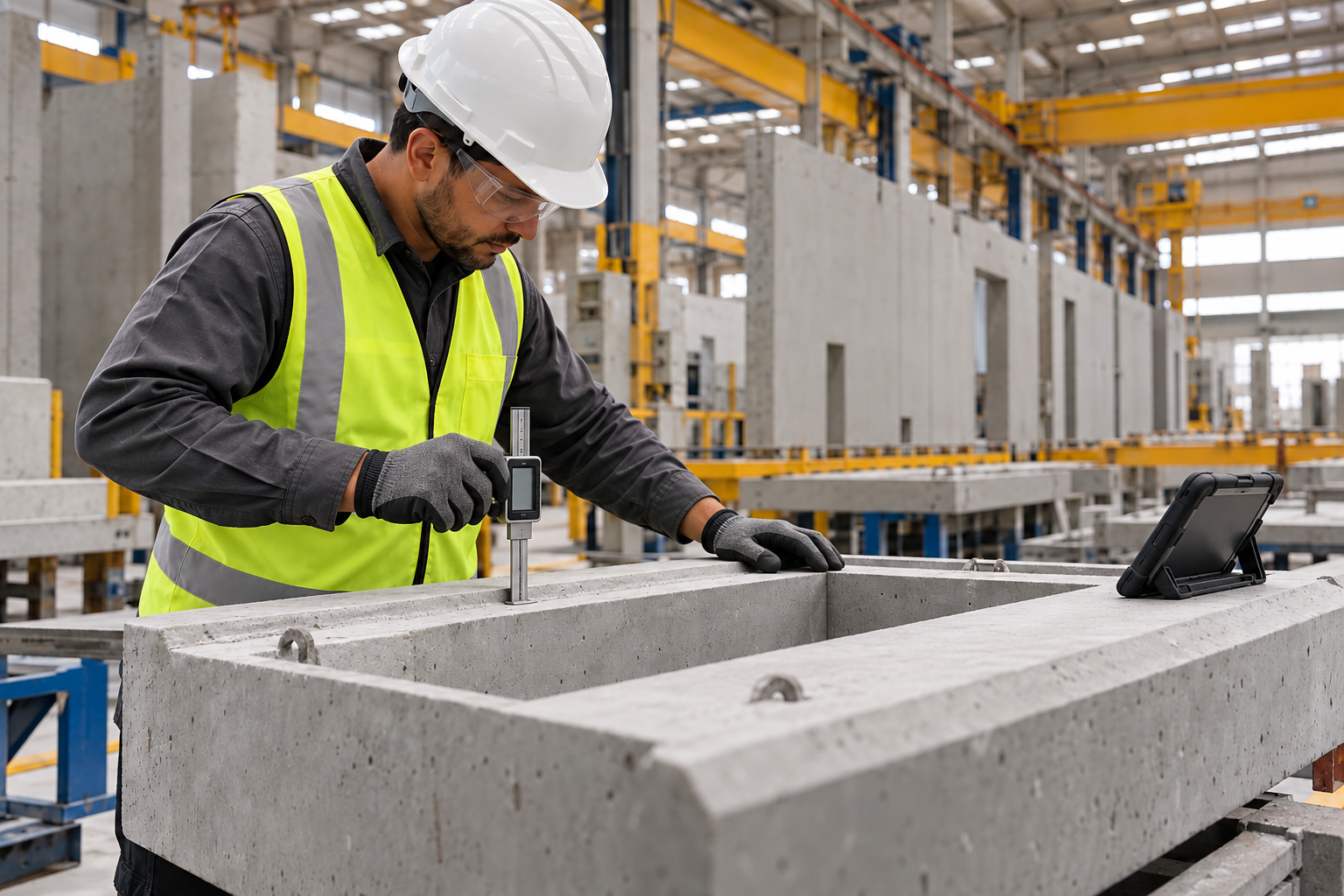 Técnico conferindo as dimensões de uma peça de concreto na fábrica, com tablet de controle de produção.